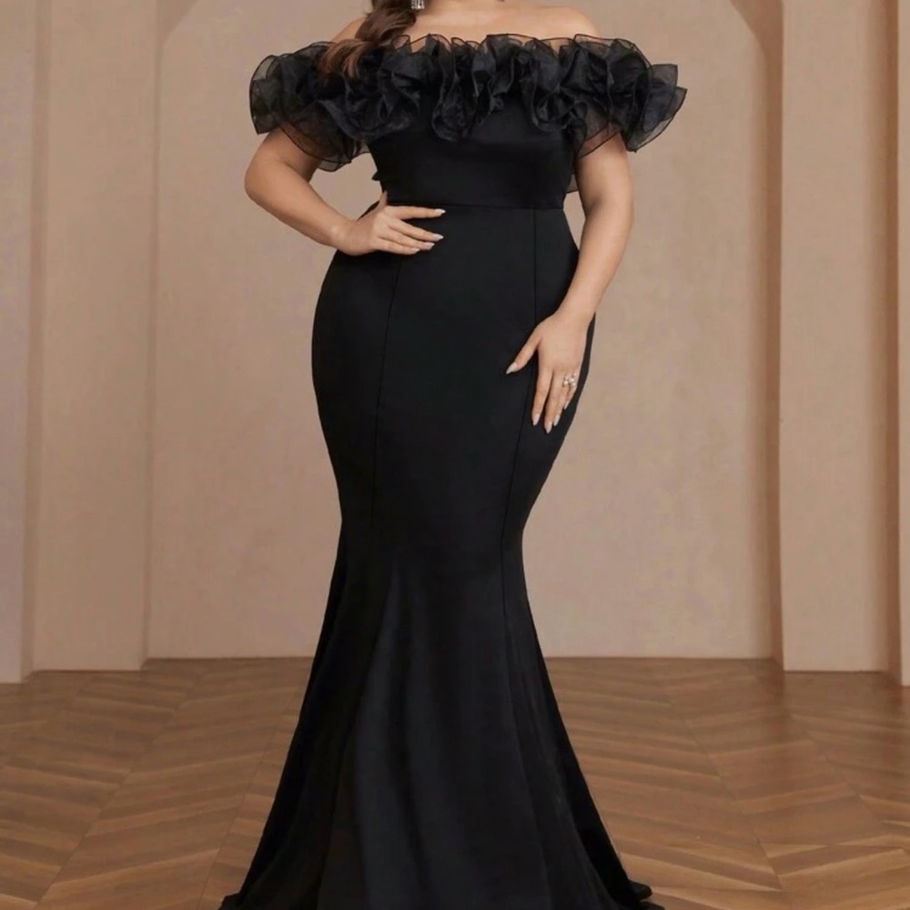 Black Ruffled Off-Shoulder Maxi Dress